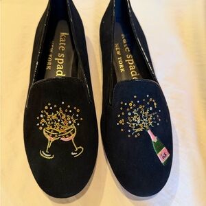 Kate Spade Black Loafers with Champagne Embroidery